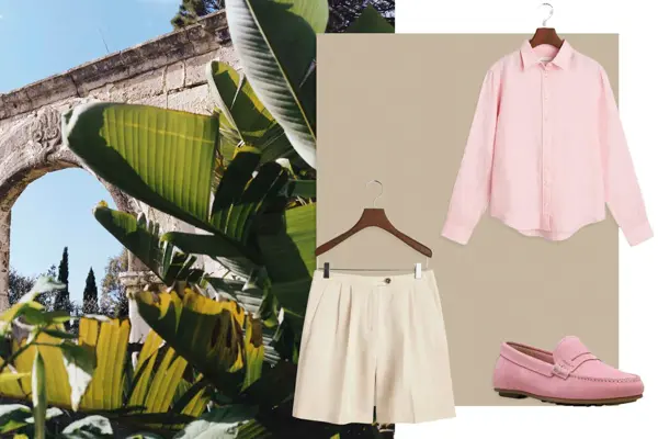 beige shorts, rosa skjorte, rosa loafers.