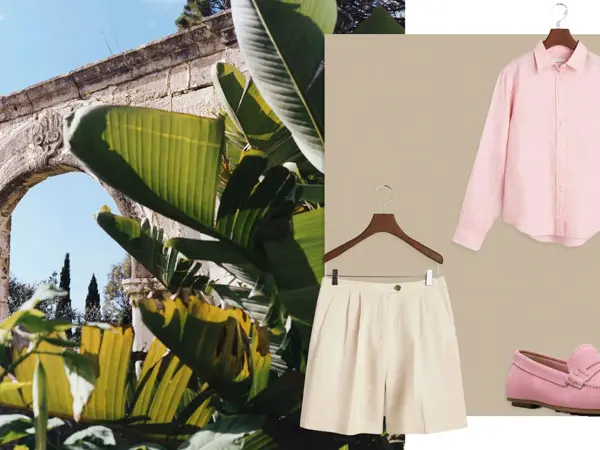 beige shorts, rosa skjorte, rosa loafers.