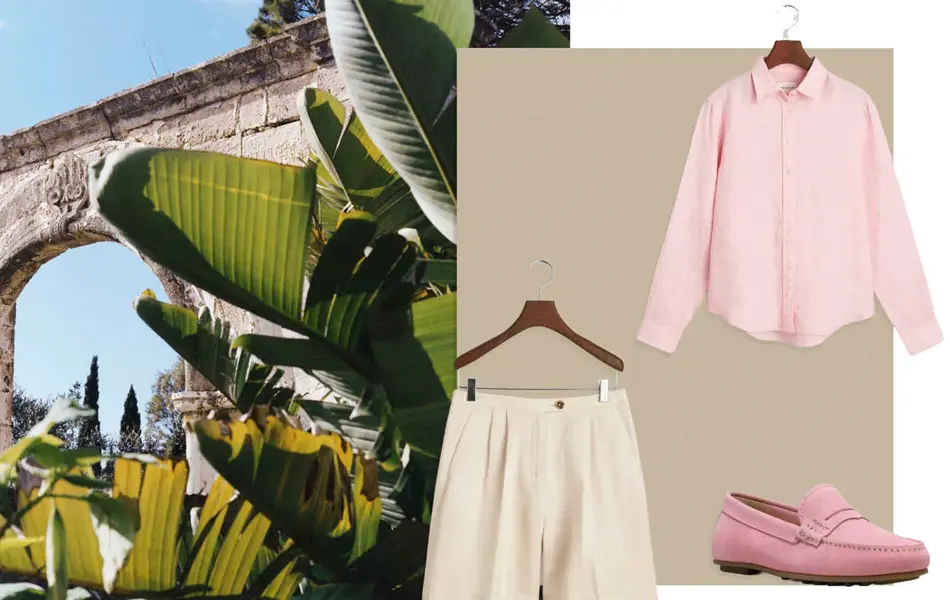 beige shorts, rosa skjorte, rosa loafers.