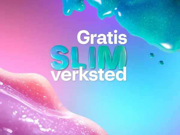 Fargerik bakgrunn med slim som renner og teksten "GRATIS Slimverksted"