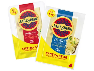 Jarlsberg original og lettost i store pakninger.