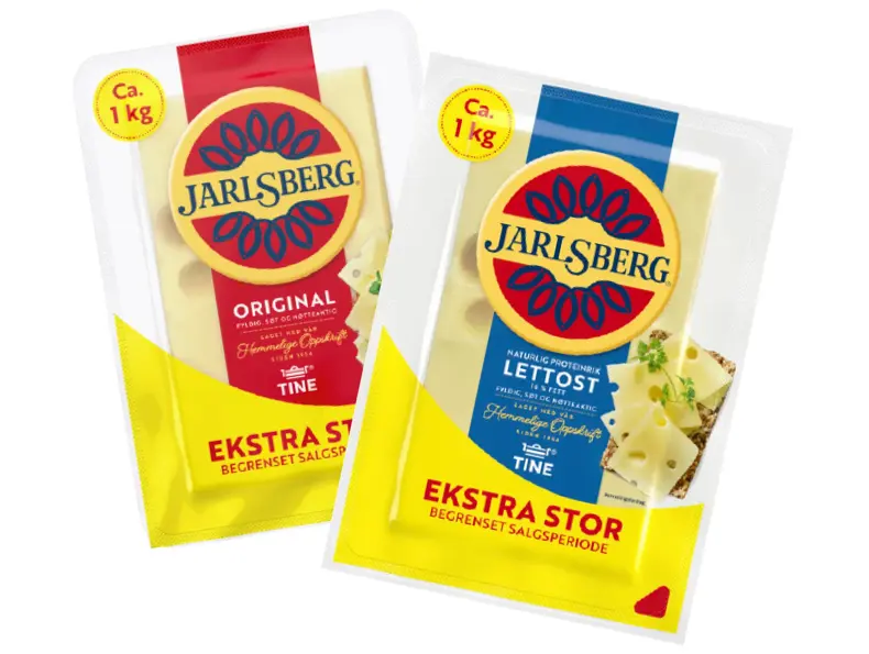 Jarlsberg original og lettost i store pakninger.