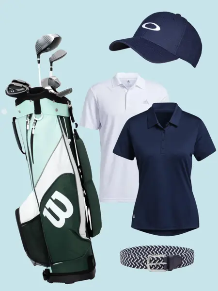 Utstyr og klær til golf: bag, køller, pique, caps og belte