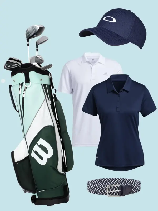 Utstyr og klær til golf: bag, køller, pique, caps og belte