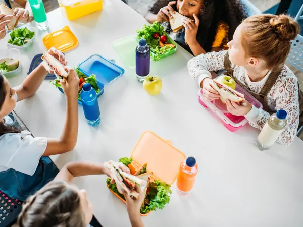 high angle view of group of schoolgirls taking lunch at school cafeteria