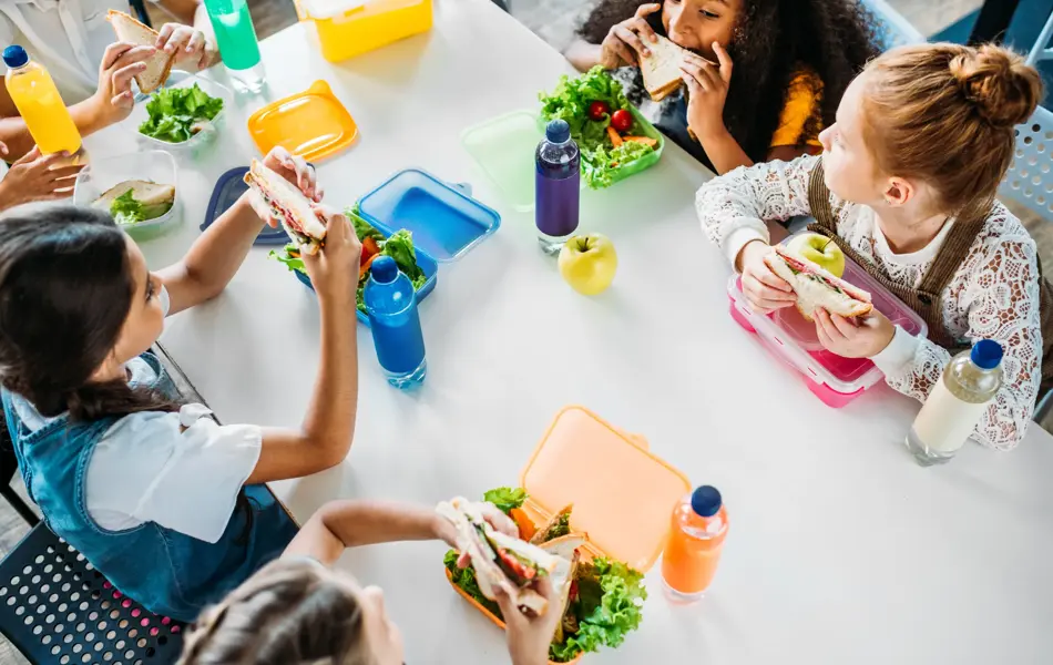 high angle view of group of schoolgirls taking lunch at school cafeteria