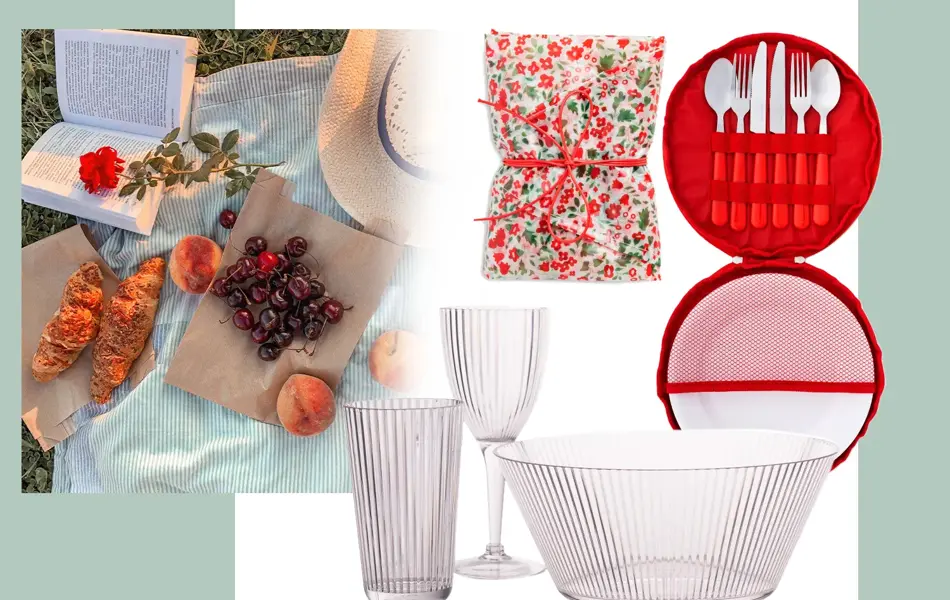 Kollasj av piknik-utstyr