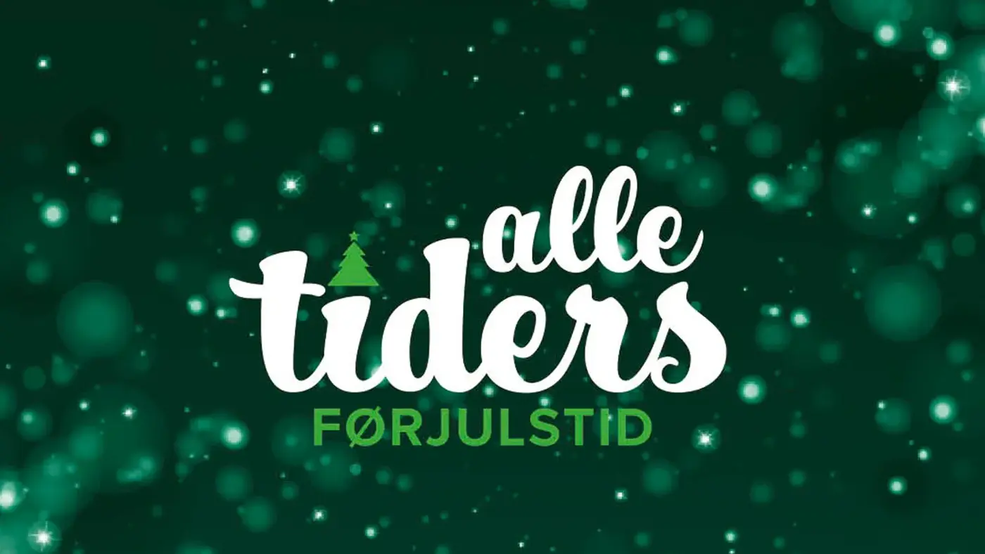 Grafisk bilde med teksten "Alle tiders førjulstid" og glitter i bakgrunn