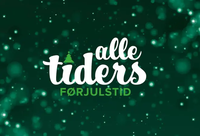 Grafisk bilde med teksten "Alle tiders førjulstid" og glitter i bakgrunn