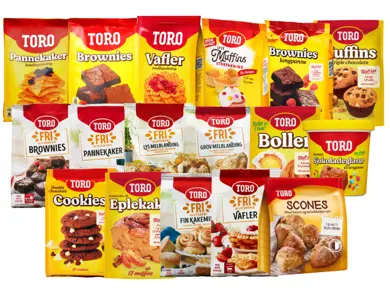 Utvalg av bakemikser og bakeprodukter fra Toro.
