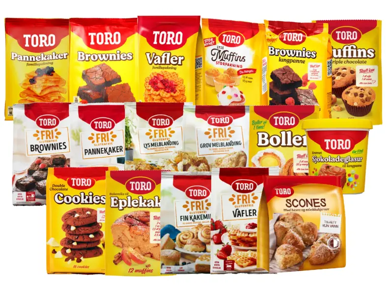 Utvalg av bakemikser og bakeprodukter fra Toro.