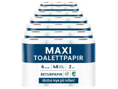 Flere pakker Maxi toalettpapir med seks ruller per pakke.