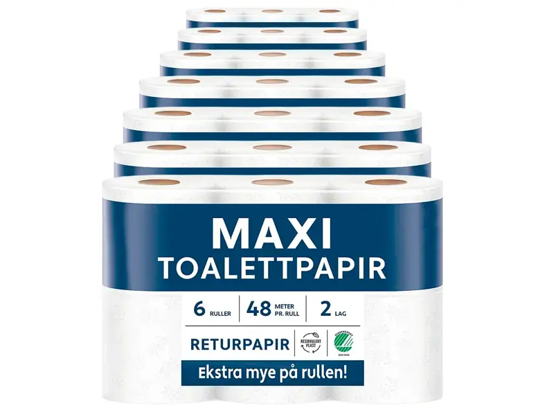 Flere pakker Maxi toalettpapir med seks ruller per pakke.