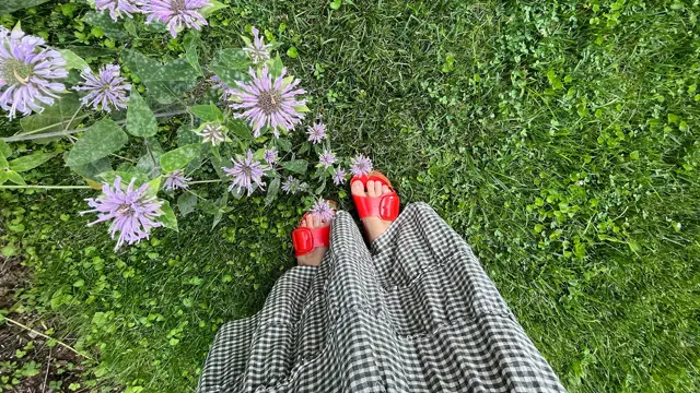 Rutete skjørt og rød sandaler sett ovenfra med grønt gress og lilla blomster i bakgrunnen 