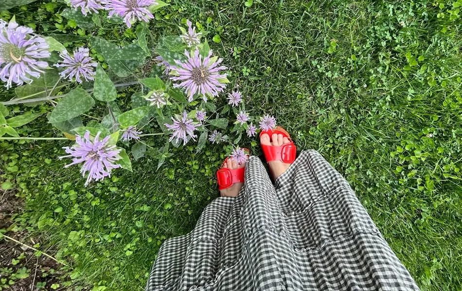 Rutete skjørt og rød sandaler sett ovenfra med grønt gress og lilla blomster i bakgrunnen 