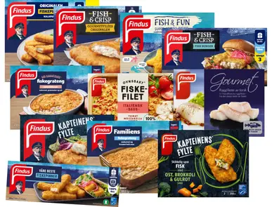 Utvalg av frosne Findus fiskeprodukter