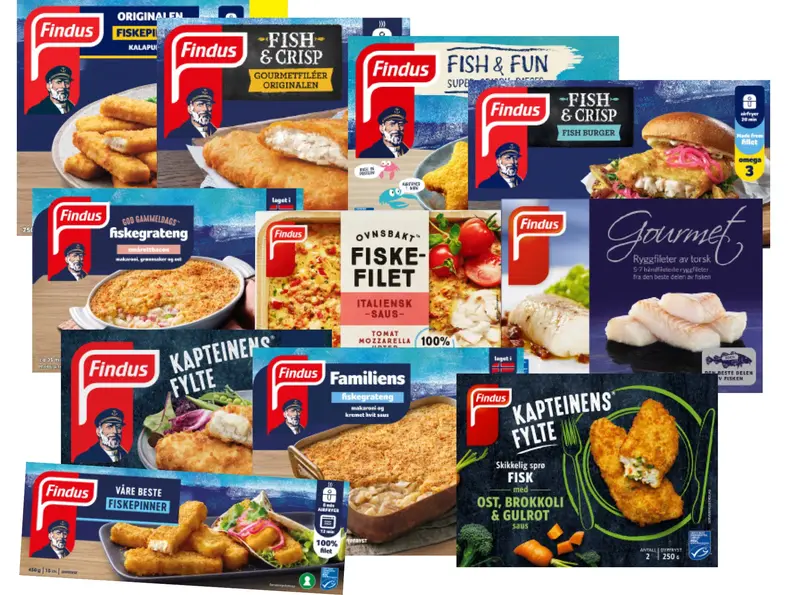 Utvalg av frosne Findus fiskeprodukter