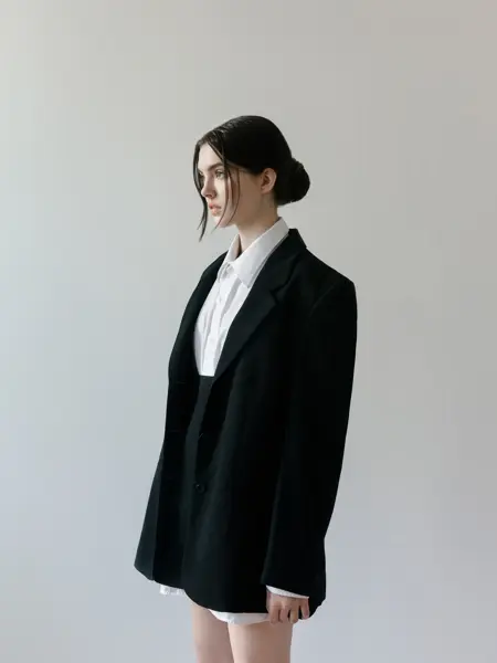 Beautiful young brunette woman wearing trendy classic black blazer White shirt and mini skirt Vintage and Korean style College or High School Student look Fashion model studio shot on light background Looking away