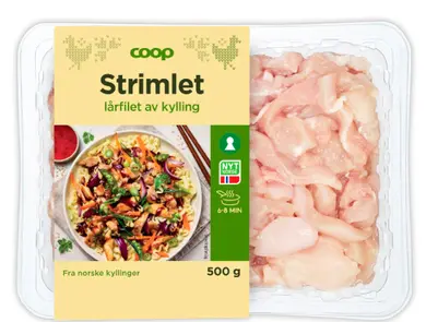 Coop strimlet kylling lårfilet i pakke