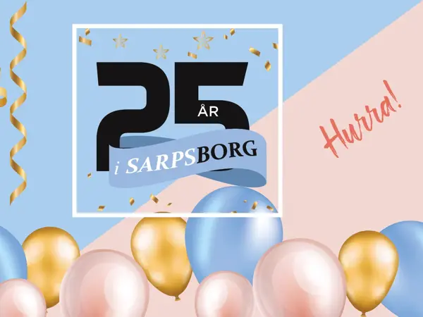 Logo 25 år i Sarpsborg, fargerike ballonger og glitter