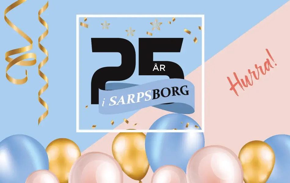 Logo 25 år i Sarpsborg, fargerike ballonger og glitter