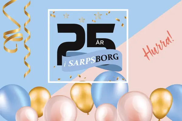 Logo 25 år i Sarpsborg, fargerike ballonger og glitter