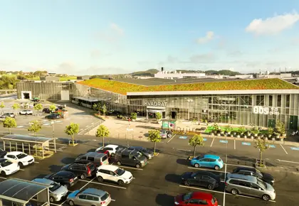 Bildet viser et dronebilde av kjøpesenreret Kvadrat i Sandnes.