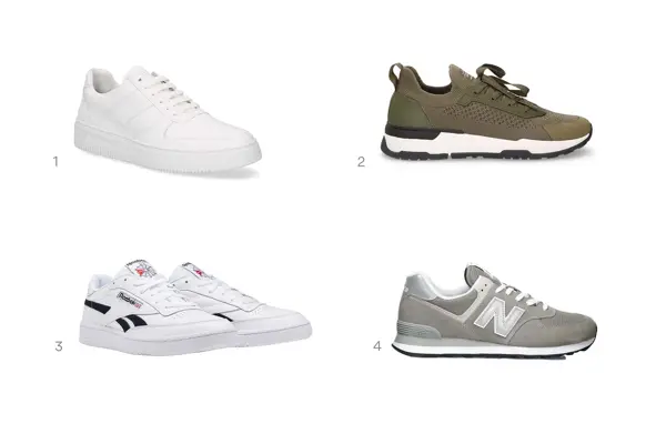 Fire herrejoggesko i hvit, grønn, hvit med svarte striper og grå.