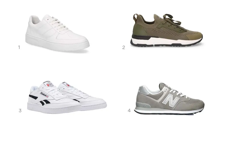 Fire herrejoggesko i hvit, grønn, hvit med svarte striper og grå.