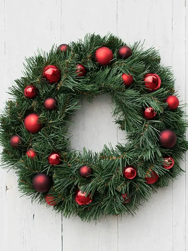 Julekrans med julekuler på henger på vegg