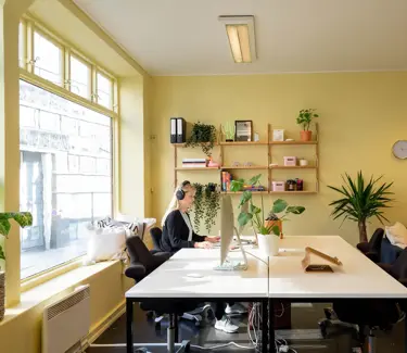 Interiør fra kontoret til Vild, med store vinduer og gule vegger.