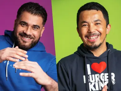 Kollasj av to personer som smiler til kamera