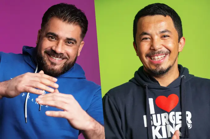 Kollasj av to personer som smiler til kamera