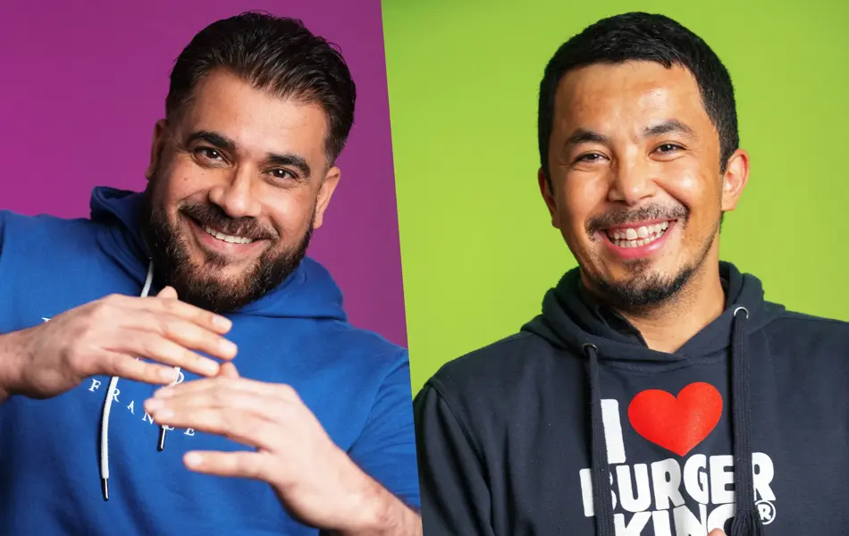 Kollasj av to personer som smiler til kamera