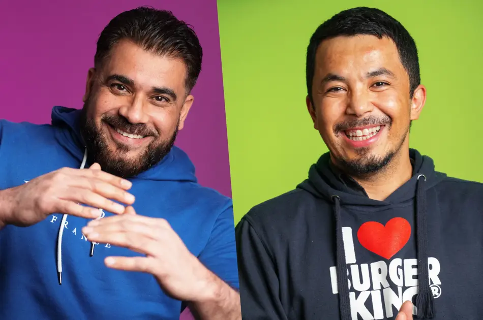 Kollasj av to personer som smiler til kamera