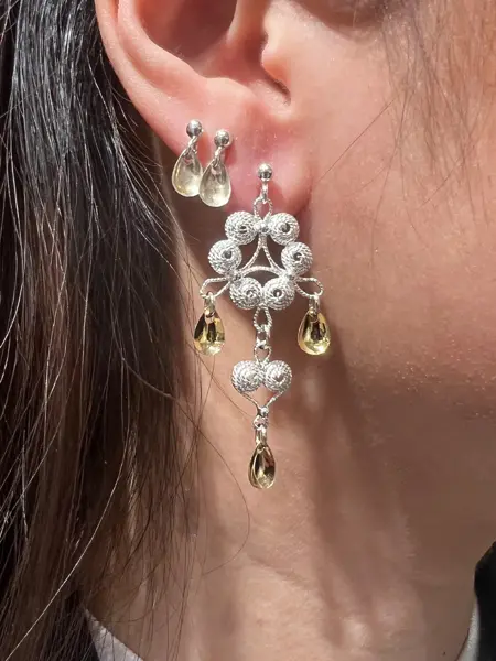 Nærbilde av øret til en dame med ørepynt