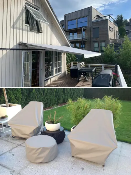 Hus med markise over en balkong. Utemøbler med skreddersydd overtrekk.