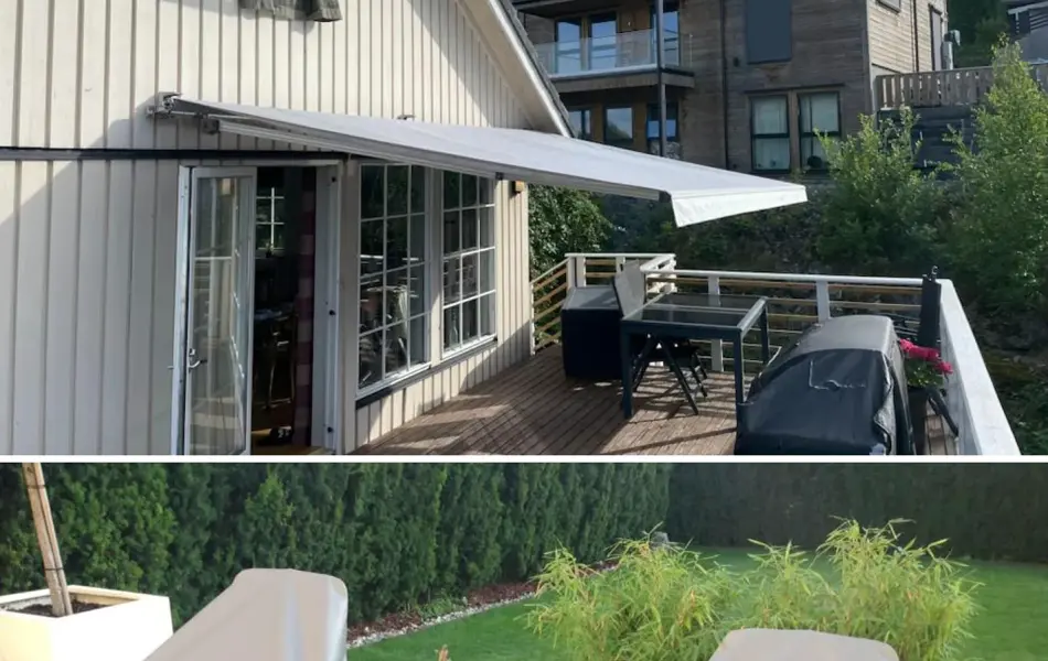 Hus med markise over en balkong. Utemøbler med skreddersydd overtrekk.