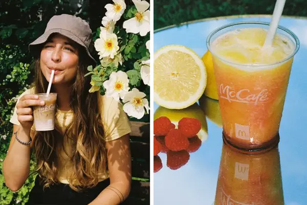 Dame som drikker en kald drikke og lemonade