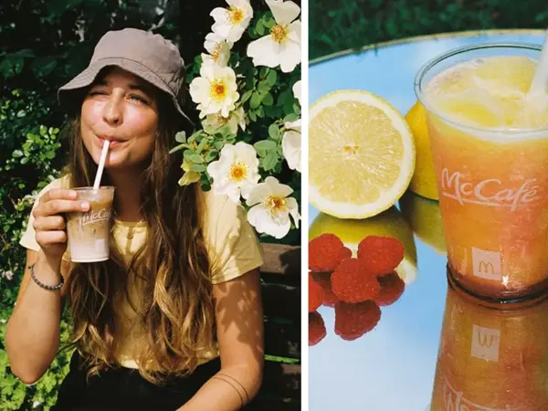 Dame som drikker en kald drikke og lemonade
