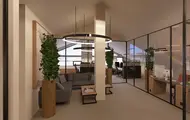 Illustrasjonsbilde av et kontorprosjekt på Thon Senter Sartor. Bildet viser inngangspartiet til kontorlokalene innendørs.