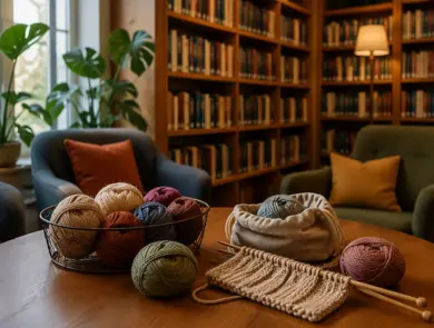 bibliotek og  strikketøy