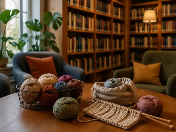 bibliotek og  strikketøy