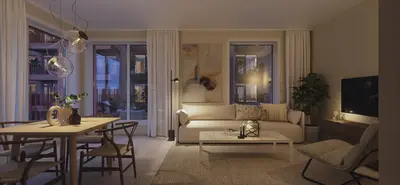 Illustrasjon av en stylet stue i en leilighet på Skårerløkka Premium.