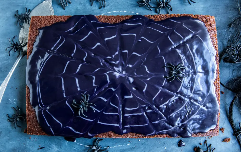 Sjokoladekake i langpanne med melis formet som et spindelvev