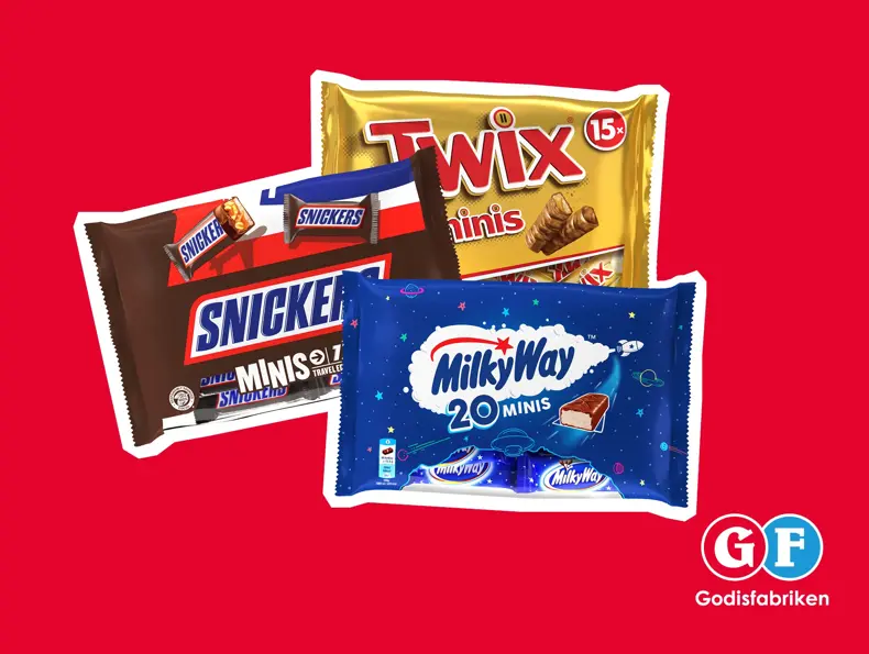 Tre mini-pakker med Twix, Snickers og MilkyWay.