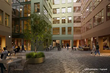Illustrasjon av eiendomsprosjektet Nellikstredet. På bildet vises gårdsrommet med passasjen mellom kontorbyggene. 