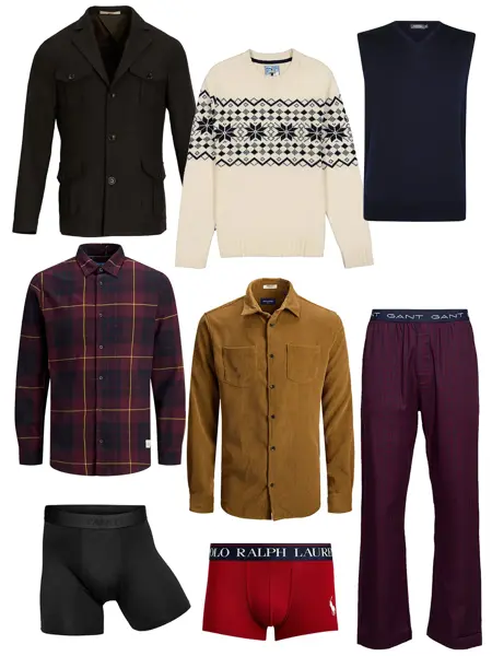 kollasj av forskjellige produkter: jakker, ullgensere, cardigans, pysjamasbukser, vest og boxere