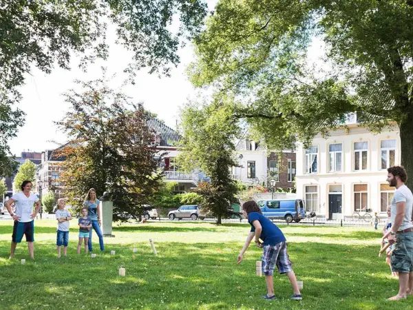 Barn og voksne som leker i en park