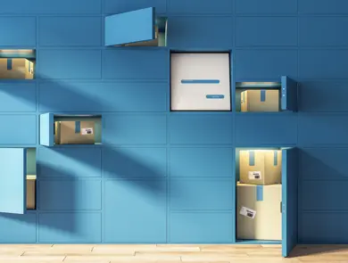 Automated self-service blue terminal for goods storage ordered from online stores and card boxes in cells. 3D rendering